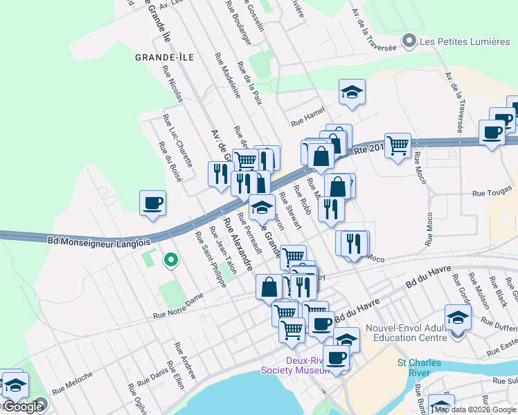 map of restaurants, bars, coffee shops, grocery stores, and more near 1130 Boulevard Monseigneur-Langlois in Salaberry-de-Valleyfield