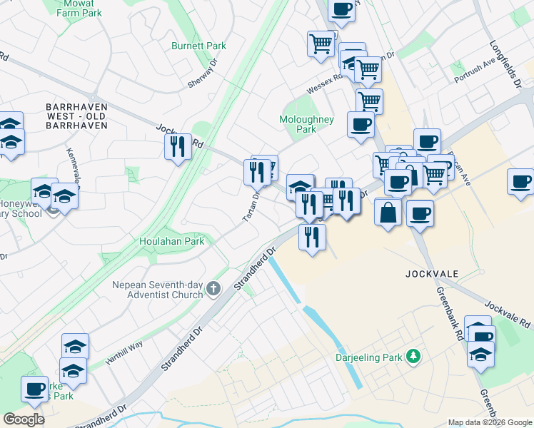 map of restaurants, bars, coffee shops, grocery stores, and more near 83 Bentbrook Crescent in Ottawa