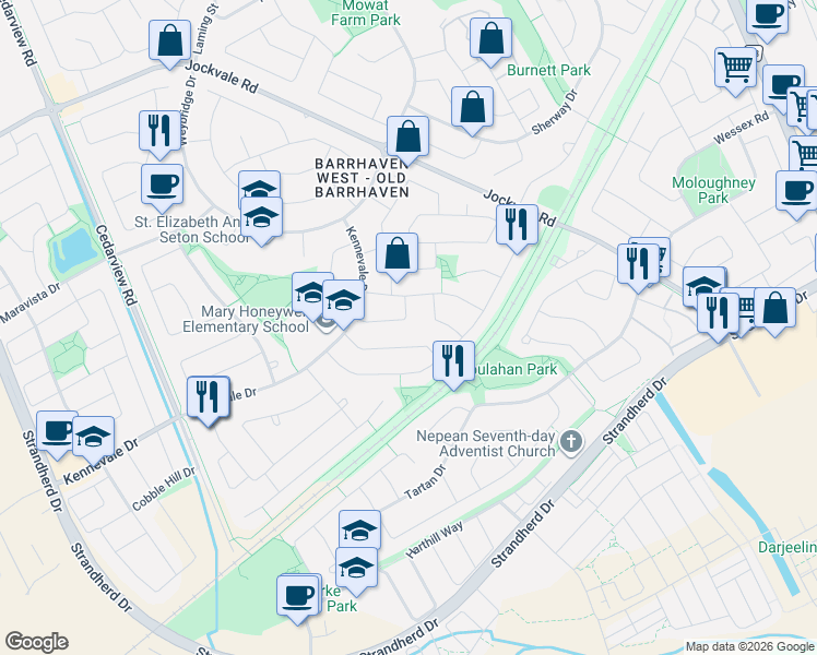 map of restaurants, bars, coffee shops, grocery stores, and more near 40 Bridgewater Terrace in Ottawa