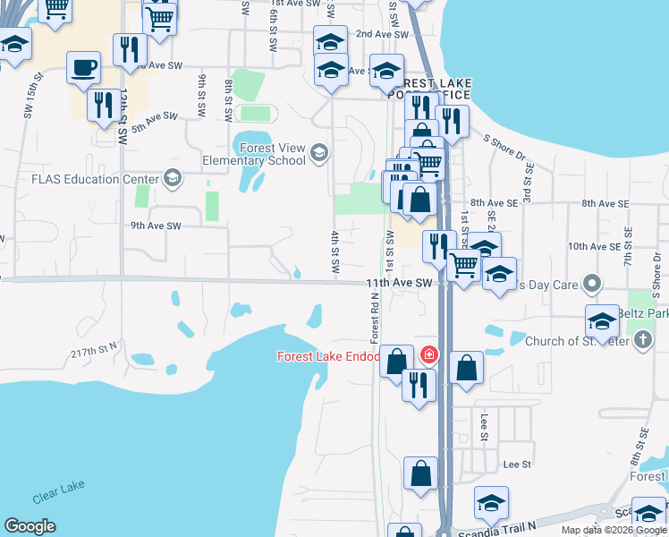 map of restaurants, bars, coffee shops, grocery stores, and more near 1044 4th Street Southwest in Forest Lake