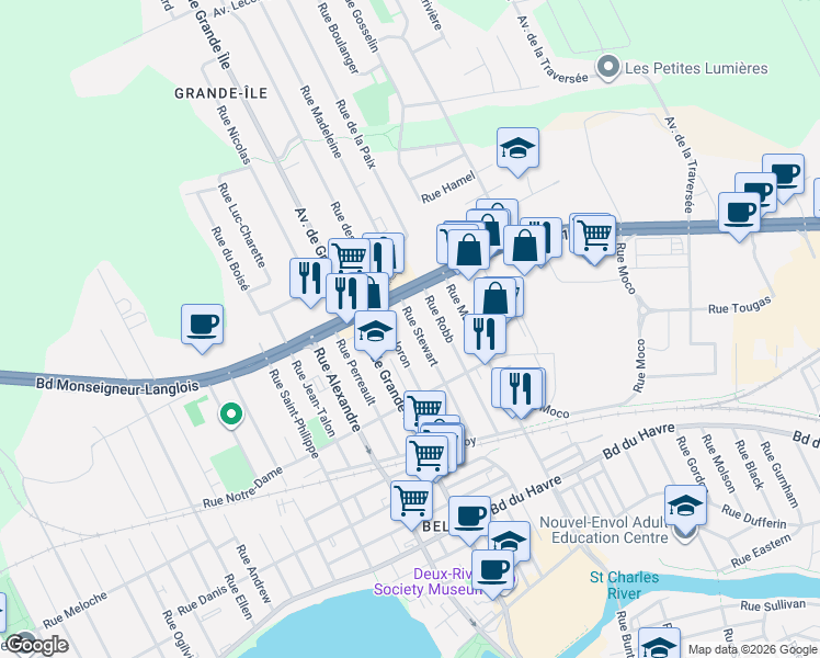 map of restaurants, bars, coffee shops, grocery stores, and more near 93 Rue Stewart in Salaberry-de-Valleyfield