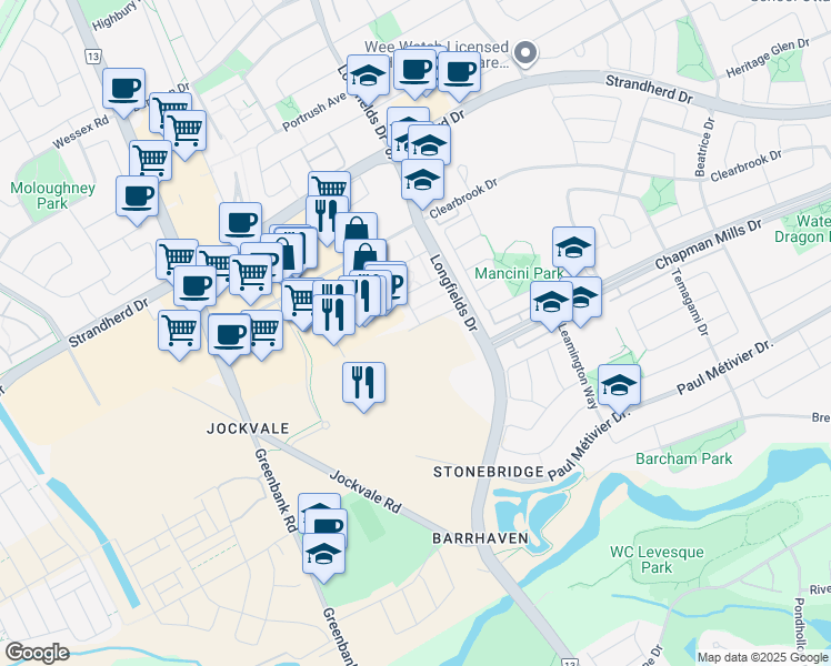 map of restaurants, bars, coffee shops, grocery stores, and more near 298 Glenroy Gilbert Drive in Ottawa