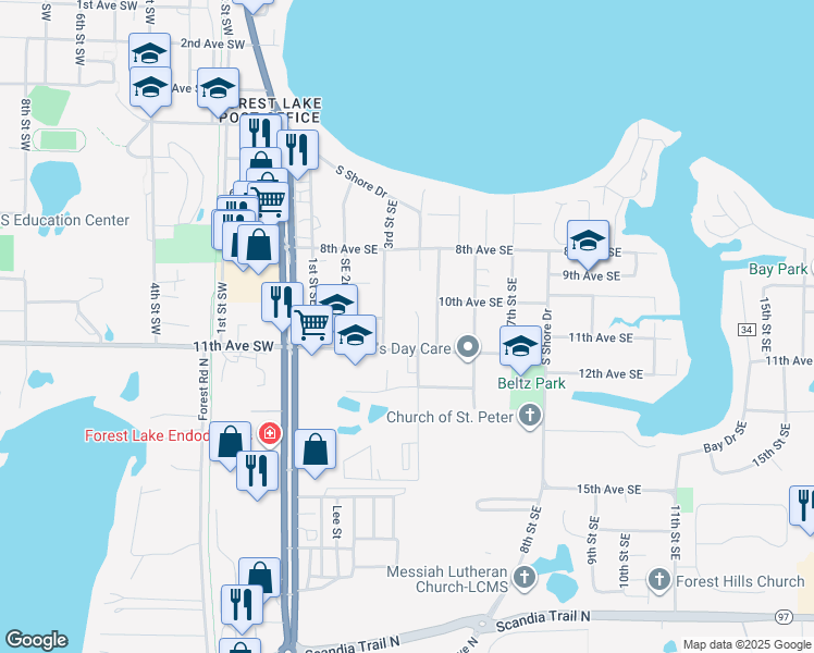 map of restaurants, bars, coffee shops, grocery stores, and more near 307 11th Avenue Southeast in Forest Lake