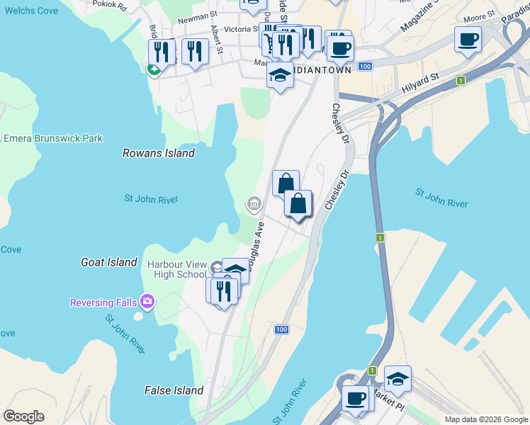 map of restaurants, bars, coffee shops, grocery stores, and more near 20 King George Court in Saint John