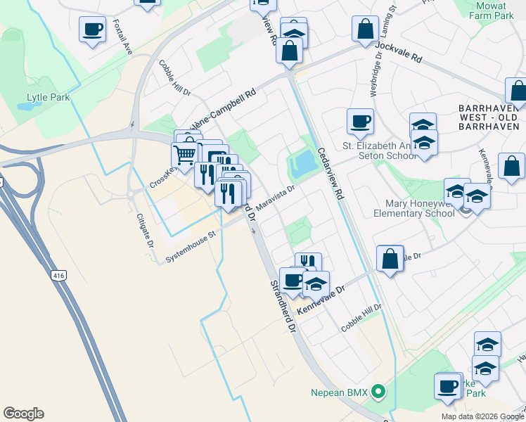 map of restaurants, bars, coffee shops, grocery stores, and more near 164 Maravista Drive in Ottawa