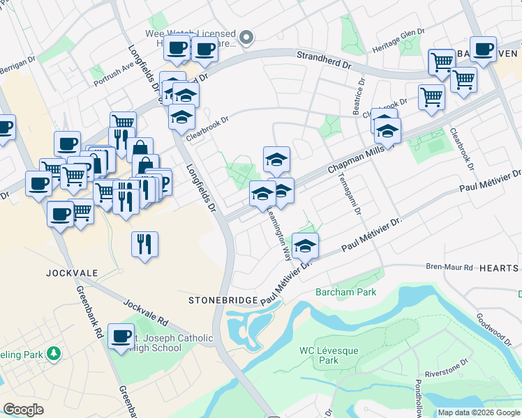 map of restaurants, bars, coffee shops, grocery stores, and more near 730 Chapman Mills Drive in Ottawa