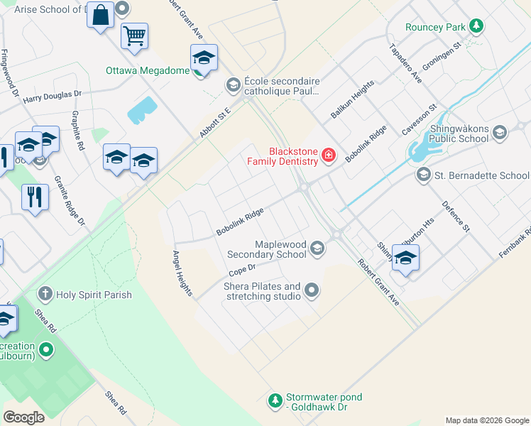 map of restaurants, bars, coffee shops, grocery stores, and more near 568 Bobolink Ridge in Ottawa
