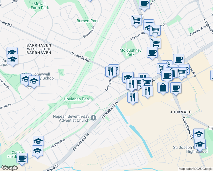 map of restaurants, bars, coffee shops, grocery stores, and more near 18 Tartan Drive in Ottawa