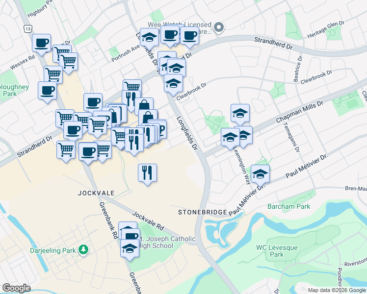 map of restaurants, bars, coffee shops, grocery stores, and more near 301 Glenroy Gilbert Drive in Ottawa
