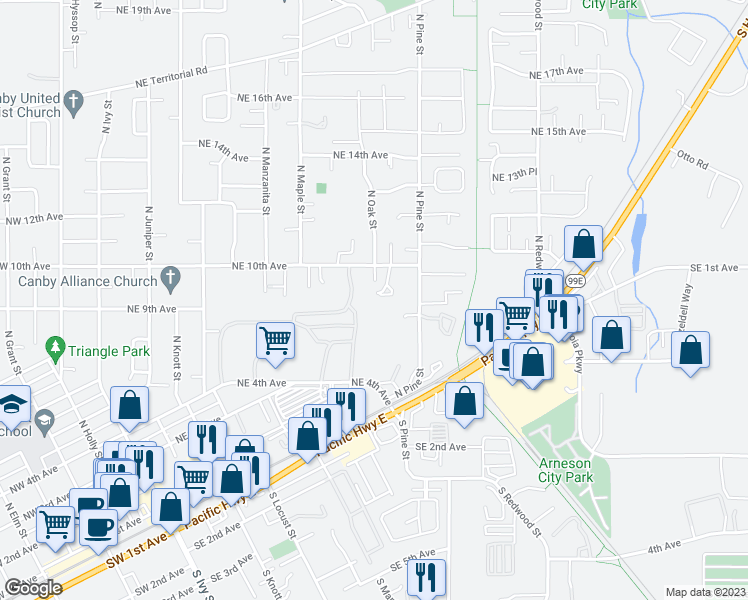 map of restaurants, bars, coffee shops, grocery stores, and more near 969 Northeast Oak Circle in Canby