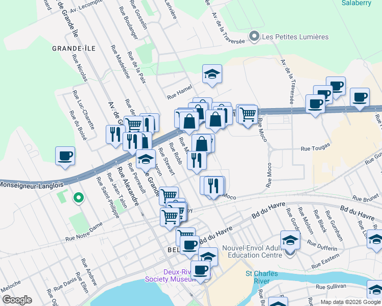 map of restaurants, bars, coffee shops, grocery stores, and more near 194 Rue Maden in Salaberry-de-Valleyfield