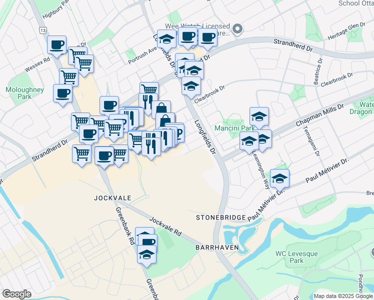 map of restaurants, bars, coffee shops, grocery stores, and more near 701 Sue Holloway Drive in Ottawa