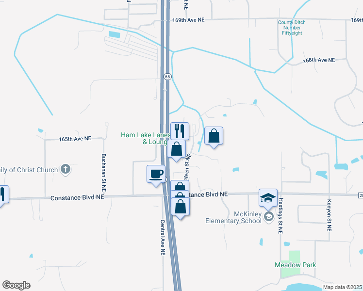 map of restaurants, bars, coffee shops, grocery stores, and more near 16465 Minnesota 65 in Andover