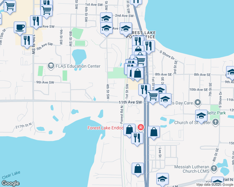 map of restaurants, bars, coffee shops, grocery stores, and more near 879 4th Street Southwest in Forest Lake