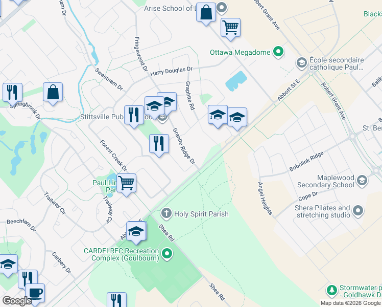 map of restaurants, bars, coffee shops, grocery stores, and more near 21 Granite Ridge Drive in Ottawa
