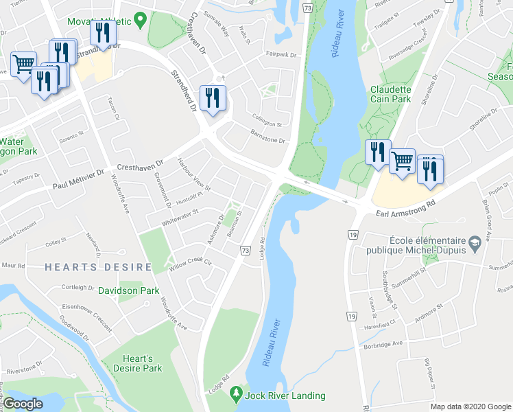 map of restaurants, bars, coffee shops, grocery stores, and more near 466 Citadel Crescent in Ottawa