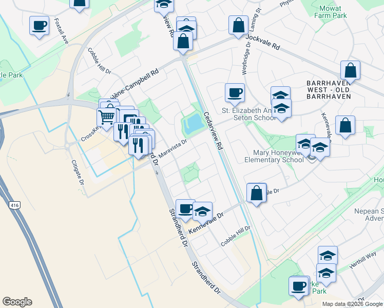 map of restaurants, bars, coffee shops, grocery stores, and more near 213 Lamplighters Drive in Ottawa
