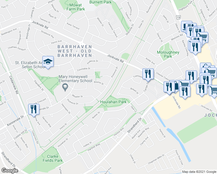 map of restaurants, bars, coffee shops, grocery stores, and more near 158 Pickwick Drive in Ottawa
