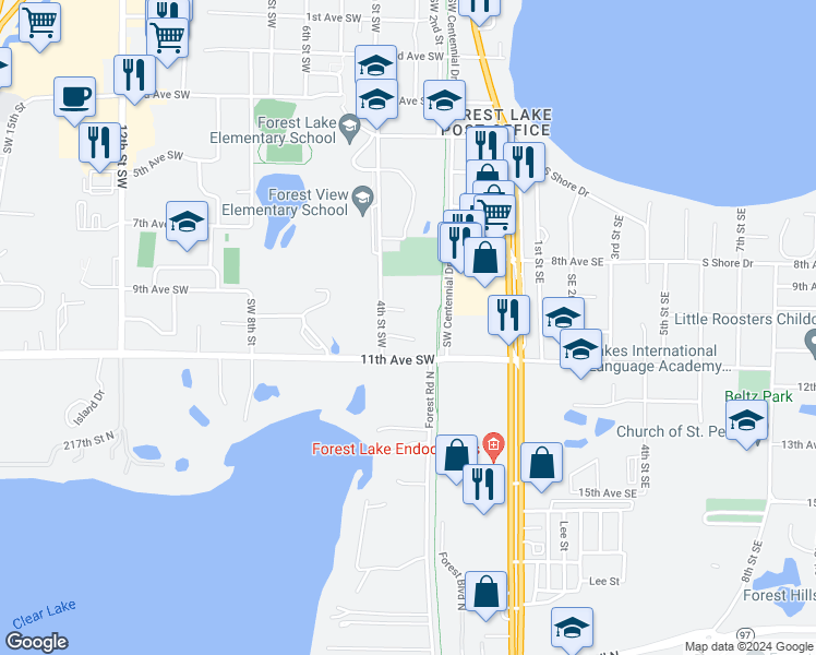 map of restaurants, bars, coffee shops, grocery stores, and more near 879 4th Street Southwest in Forest Lake