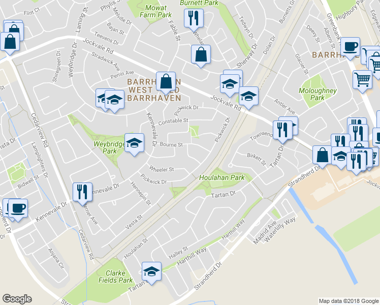 map of restaurants, bars, coffee shops, grocery stores, and more near 16 Lima Way in Ottawa