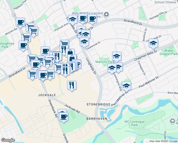 map of restaurants, bars, coffee shops, grocery stores, and more near in Ottawa