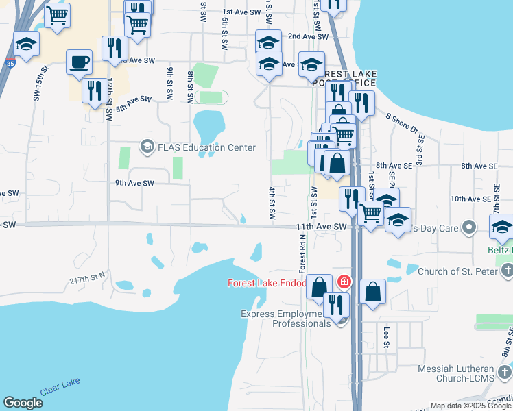 map of restaurants, bars, coffee shops, grocery stores, and more near 856 4th Street Southwest in Forest Lake