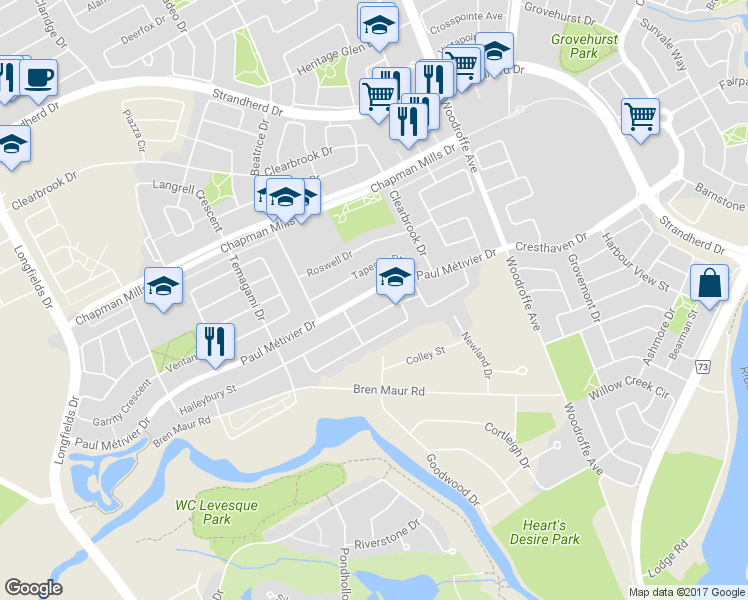 map of restaurants, bars, coffee shops, grocery stores, and more near 513 Paul Métivier Drive in Ottawa