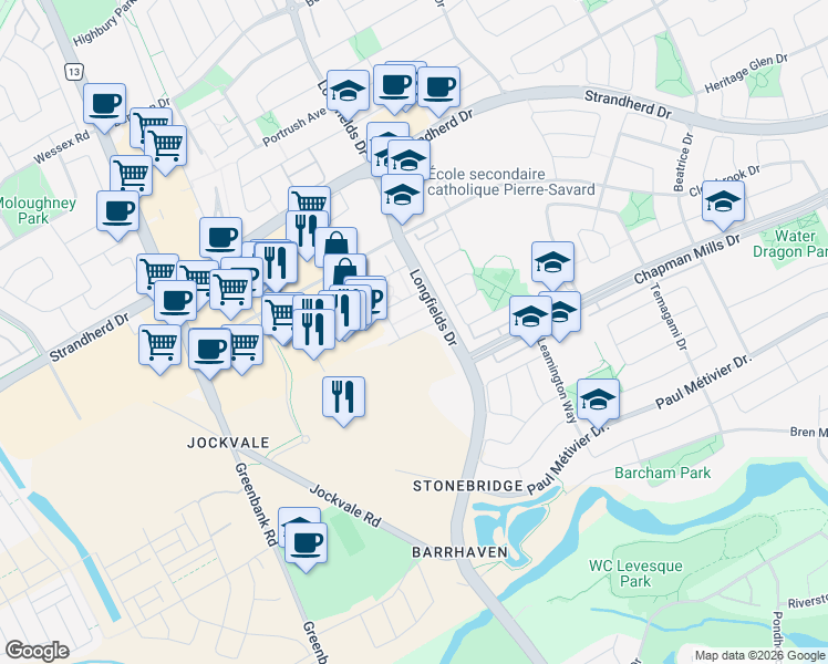 map of restaurants, bars, coffee shops, grocery stores, and more near 401 Glenroy Gilbert Drive in Ottawa