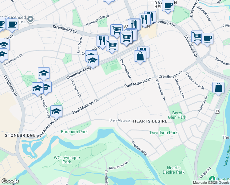 map of restaurants, bars, coffee shops, grocery stores, and more near 513 Paul Métivier Drive in Ottawa