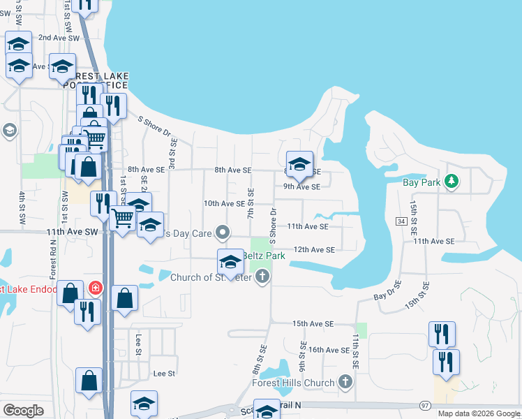 map of restaurants, bars, coffee shops, grocery stores, and more near 744 10th Avenue Southeast in Forest Lake