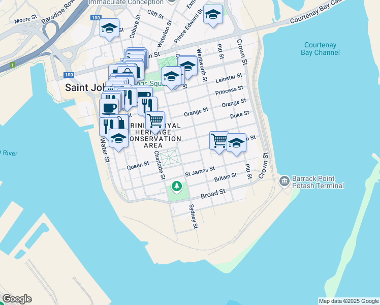 map of restaurants, bars, coffee shops, grocery stores, and more near Queen Street in Saint John