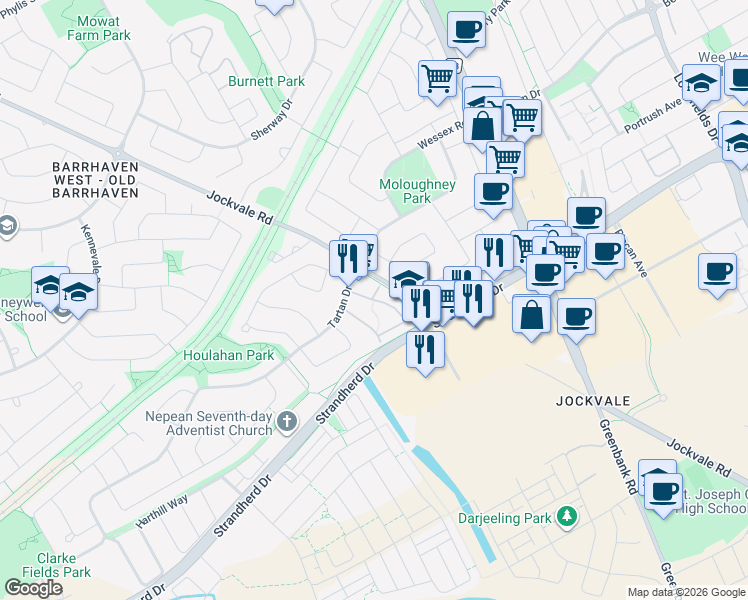 map of restaurants, bars, coffee shops, grocery stores, and more near Bentbrook Crescent in Ottawa