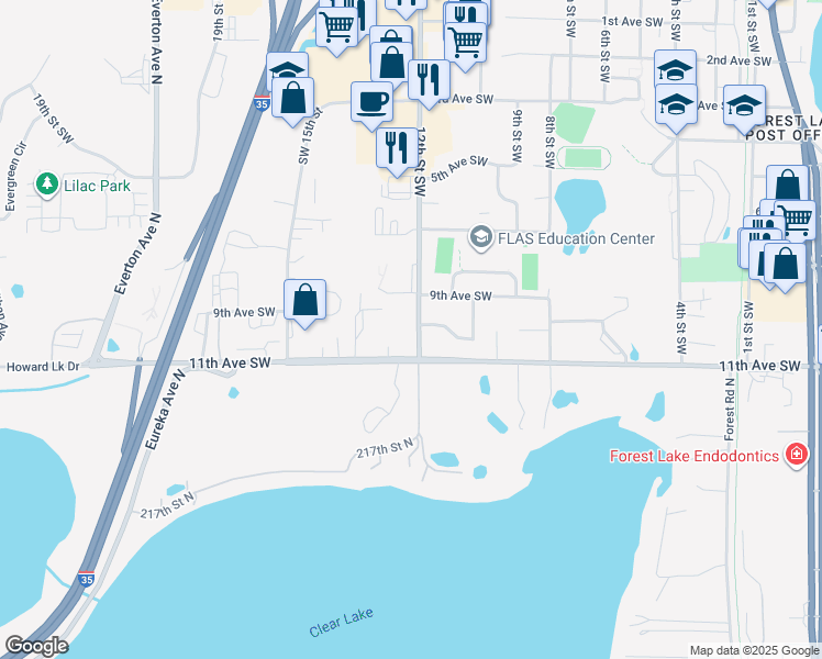 map of restaurants, bars, coffee shops, grocery stores, and more near 956 12th Street Southwest in Forest Lake