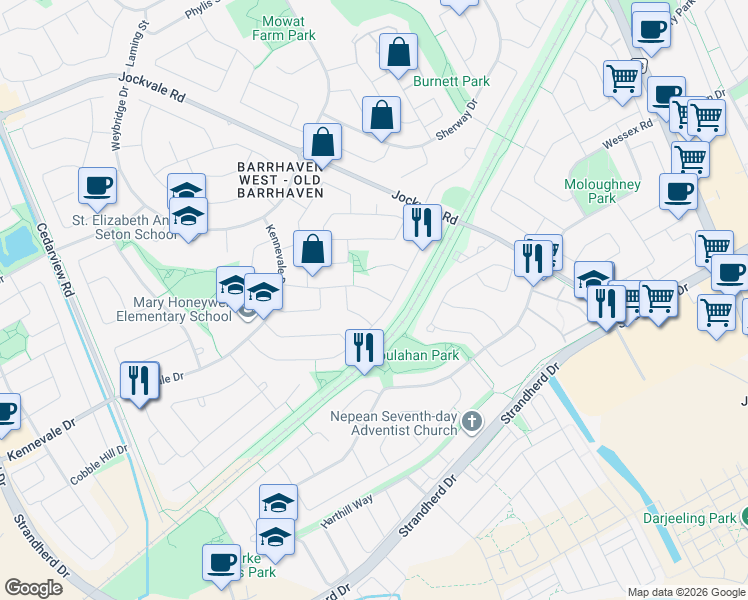map of restaurants, bars, coffee shops, grocery stores, and more near 5 Bourne Street in Ottawa