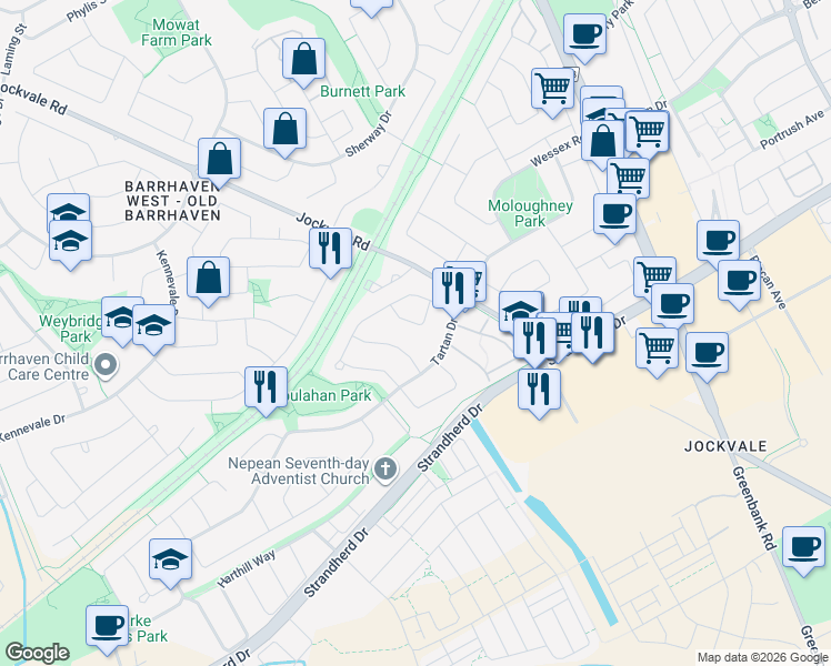 map of restaurants, bars, coffee shops, grocery stores, and more near 15 Adele Crescent in Ottawa