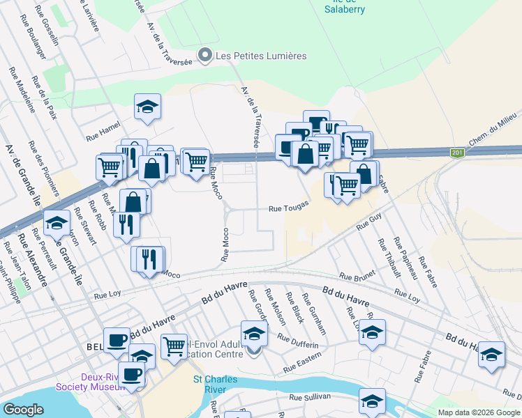 map of restaurants, bars, coffee shops, grocery stores, and more near 1730 Rue Tougas in Salaberry-de-Valleyfield