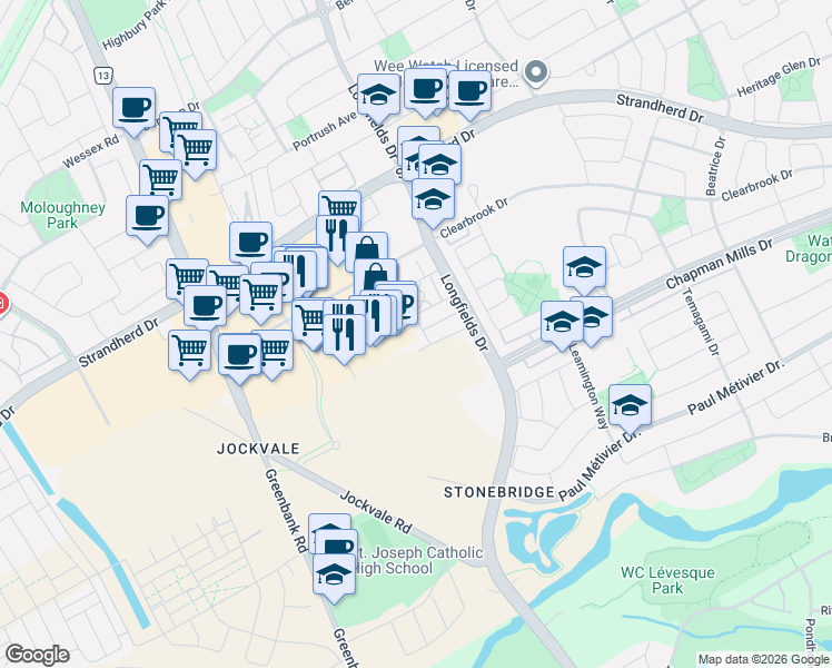 map of restaurants, bars, coffee shops, grocery stores, and more near 689B Sue Holloway Drive in Ottawa