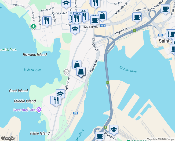map of restaurants, bars, coffee shops, grocery stores, and more near Clipper Passage in Saint John