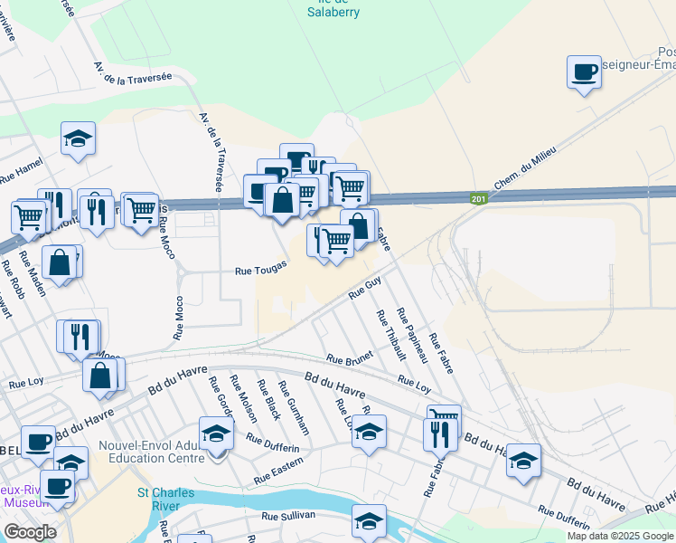 map of restaurants, bars, coffee shops, grocery stores, and more near 186 Rue Guy in Salaberry-de-Valleyfield