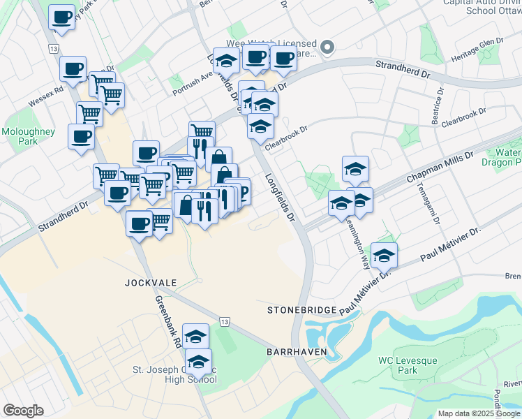 map of restaurants, bars, coffee shops, grocery stores, and more near 298 Glenroy Gilbert Drive in Ottawa