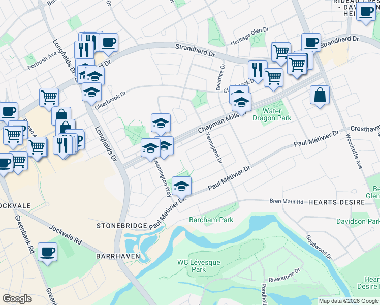 map of restaurants, bars, coffee shops, grocery stores, and more near 435 Temiskaming Crescent in Ottawa