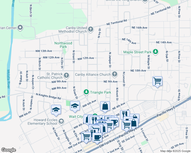 map of restaurants, bars, coffee shops, grocery stores, and more near 965 North Ivy Street in Canby
