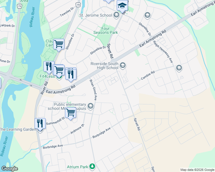 map of restaurants, bars, coffee shops, grocery stores, and more near 102 Nutting Crescent in Ottawa