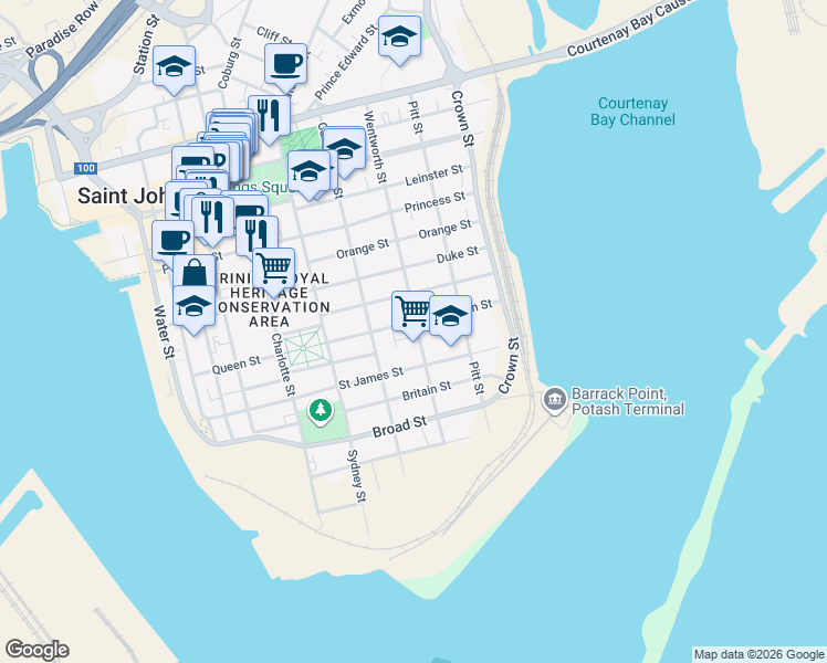 map of restaurants, bars, coffee shops, grocery stores, and more near in Saint John