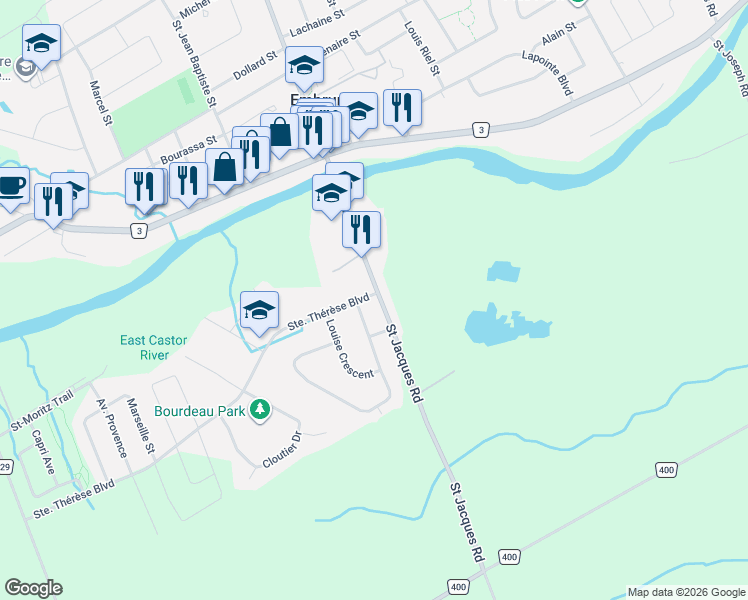 map of restaurants, bars, coffee shops, grocery stores, and more near 1332 Saint Jacques Road in Embrun