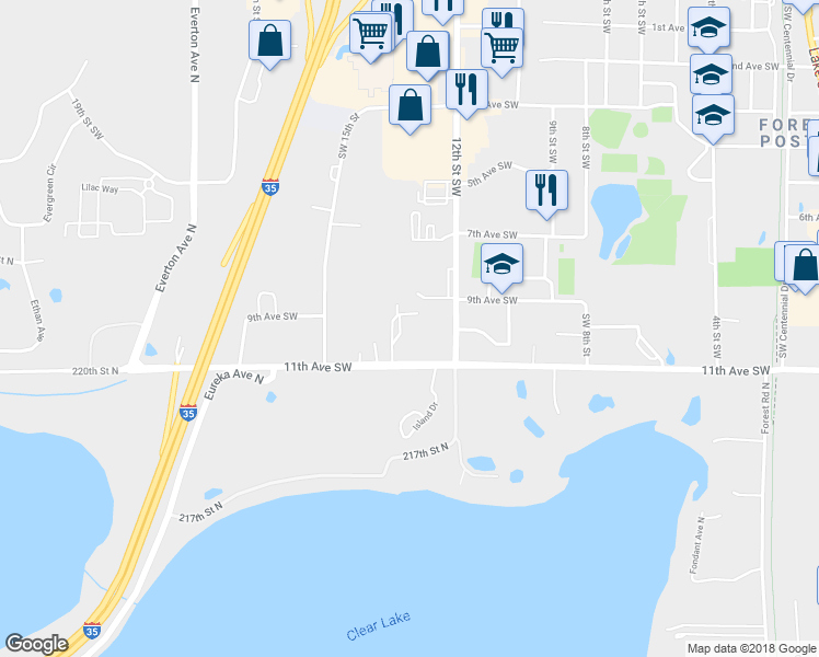 map of restaurants, bars, coffee shops, grocery stores, and more near 1267 11th Avenue Southwest in Forest Lake