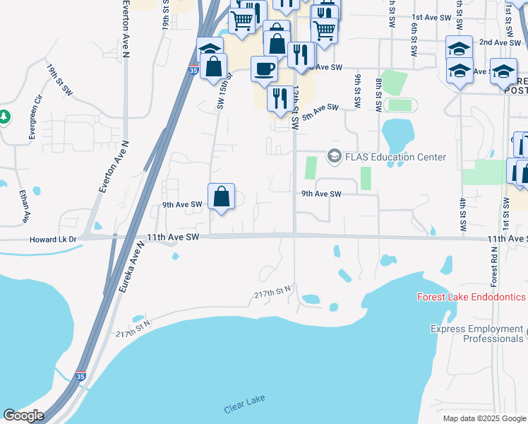 map of restaurants, bars, coffee shops, grocery stores, and more near 1243 11th Avenue Southwest in Forest Lake
