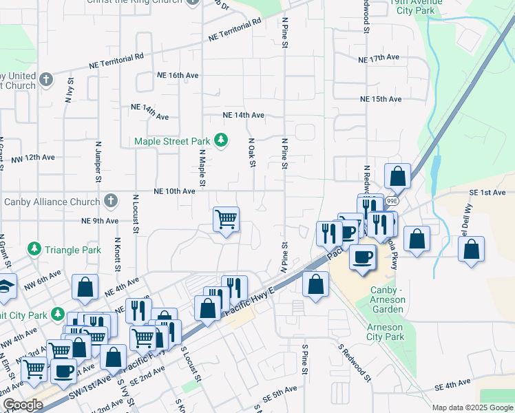 map of restaurants, bars, coffee shops, grocery stores, and more near 935 Northeast 10th Avenue in Canby