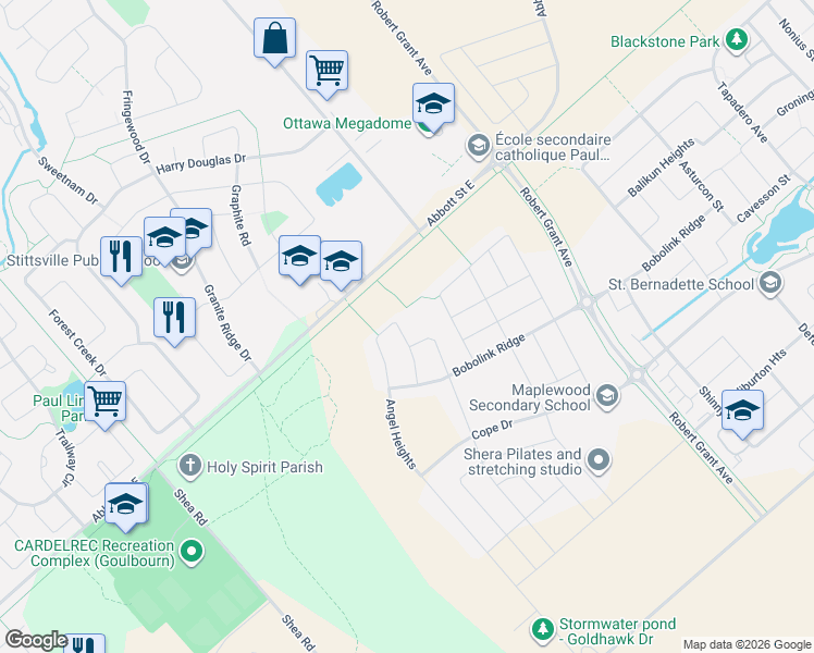 map of restaurants, bars, coffee shops, grocery stores, and more near 39 Angel Heights in Ottawa