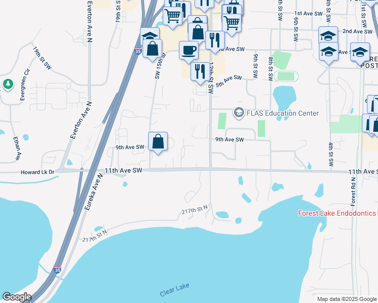 map of restaurants, bars, coffee shops, grocery stores, and more near 1255 11th Avenue Southwest in Forest Lake